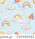 Children seamless pattern on blue background with umbrella, rainbows, sun, and fluffy rain clouds for fabrics, for kids goods,linen, pajamas. Watercolor hand drawn illustration. 134390382