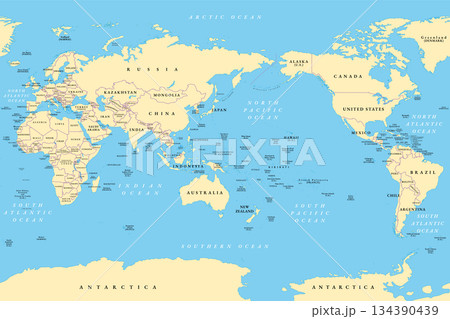 Pacific centered world map. Political map in cylindrical projection, placing the Pacific Ocean at the center, showcasing Asia, Oceania, and the Americas around it, emphasizing the Pacific Rim. Vector 134390439