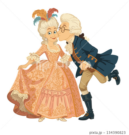 Couple in rococo style. Surprised funny young woman kissed on cheek by charming man. 18th-century French aristocracy. Vector isolaled illustration Couple in rococo style. Surprised funny young woman kissed on cheek by charming man. 18th-century French aristocracy. Vector isolaled illustration 134390823