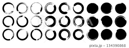 Grunge circles, brush strokes, lines, ink smudges, hand-drawn scribble shapes. Handmade sketchy marks, acrylic stains, charcoal streaks. Paint textures, dry brush effect. Vector illustration 134390868