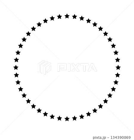 Stars of various sizes arranged in a circle. Round frame, border. Black star outline, simple symbol. Design element, ornament. Line art. Vector illustration 134390869
