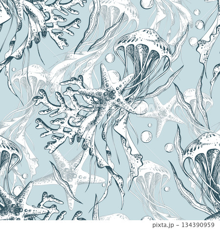 Hand drawn seamless pattern with jellyfish, seaweed, starfish, and coral. Underwater life line art graphic illustration for design. Print on a blue background Hand drawn seamless pattern with jellyfish, seaweed, starfish, and coral. Underwater life line art graphic illustration for design. Print on a blue background 134390959