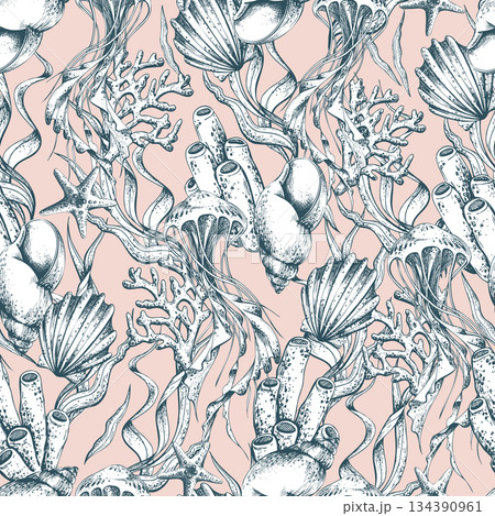 Hand drawn marine life wave seamless pattern. Underwater world nature outline graphic illustration with sea animal for fabric print or textile design. On a coral background Hand drawn marine life wave seamless pattern. Underwater world nature outline graphic illustration with sea animal for fabric print or textile design. On a coral background 134390961