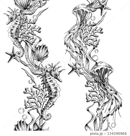 Hand drawn line art illustration of marine animal seamless pattern for design, print, wallpaper, fabric, background with seahorse, coral, jellyfish. Vertical borders outline graphic 134390968
