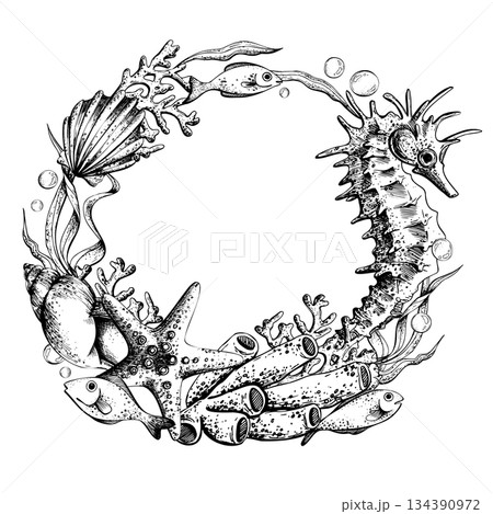 Underwater marine life circular template frame wreath illustration with seahorse, coral, fish, and seashell. Hand drawn line art for ocean themed design. Outline graphic illustration 134390972