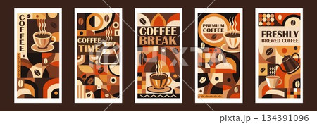 Coffee Themed Geometric Banners Collection. Abstract background with simple shapes for coffee shops, product packaging, cafe walls, and menus. 134391096