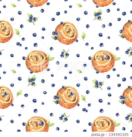 Seamless pattern with watercolor swirl sweet buns and scattered blueberries on white background. Design for bakery branding, pastry packaging, digital paper, or kitchen decor. 134391105