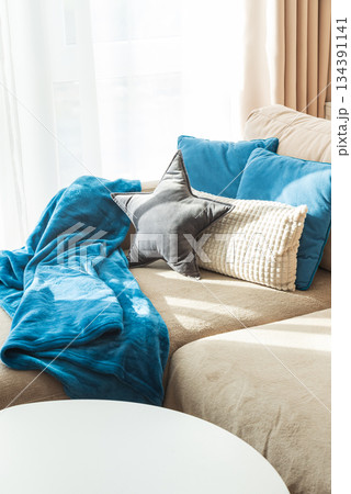 Defocused Festive Living Room with Coffee Table, Cushions, Blue Blanket, and Natural  Sun Light 134391141
