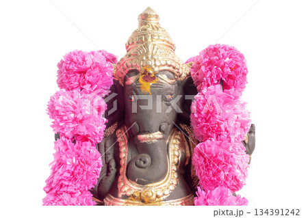 Ganesha statue with pink flower garland, Hindu God statue for worship and decoration Ganesha statue with pink flower garland, Hindu God statue for worship and decoration 134391242