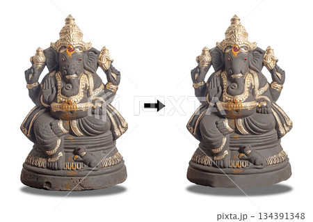 Ganesha statue with gold accents: before and after details of ornate elephant god. Ganesha statue with gold accents: before and after details of ornate elephant god. 134391348