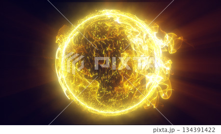 Intense golden energy sphere made of thousands of shimmering particles and radiant streaks emitting powerful heat and light Intense golden energy sphere made of thousands of shimmering particles and radiant streaks emitting powerful heat and light 134391422