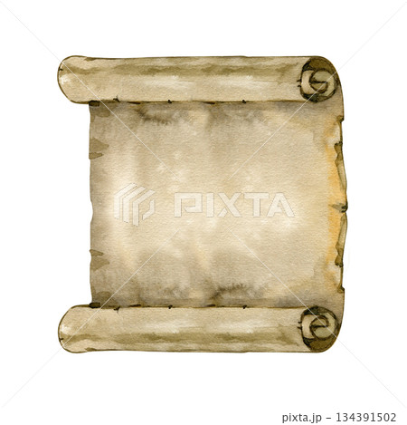 Hand-painted watercolor illustration of an antique parchment scroll with curled edges and aged paper texture. A timeless design ideal for historical themes, storytelling, manuscripts and classic 134391502