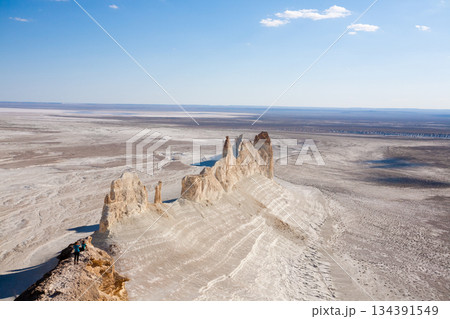 Bozzhira valley pinnacles aerial view, Mangystau region, Kazakhstan. Ak Orpa pinnacles 134391549