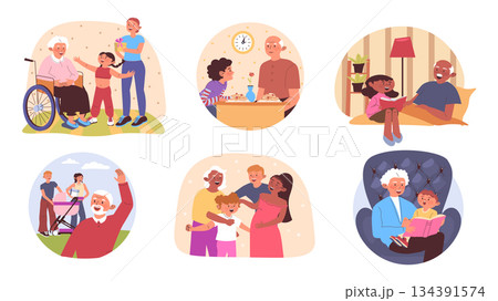Visiting grandparents concept set for web design. Collection with cartoon elderly people pastime with family. Grandchilds coming to grandmothers or grandfathers and having fun. Vector illustration. Visiting grandparents concept set for web design. Collection with cartoon elderly people pastime with family. Grandchilds coming to grandmothers or grandfathers and having fun. Vector illustration. 134391574