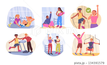 Personal trainer session concept set for web design. Collection with cartoon people exercising with dumbbells or treadmills with instructor guidance, workout with sport coaching. Vector illustration. 134391579