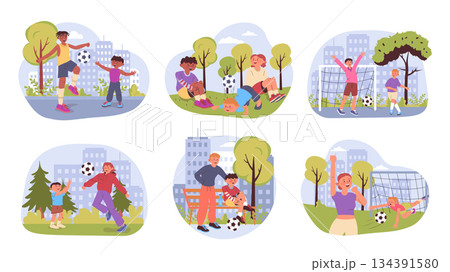Parents and kids playing soccer concept set for web design. Collection with cartoon people exercising with ball outdoors. Father and mother gaming football with children together. Vector illustration. 134391580