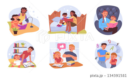 Parent-child reading concept set for web design. Collection with cartoon people bedtime storytelling their kids. Father and mother read books and doing homework with children. Vector illustration. 134391581