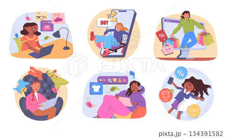 Online fashion shopping concept set for web design. Collection with cartoon people choosing new clothes, trend shoes or accessory, doing orders, making purchases and payment. Vector illustration. 134391582