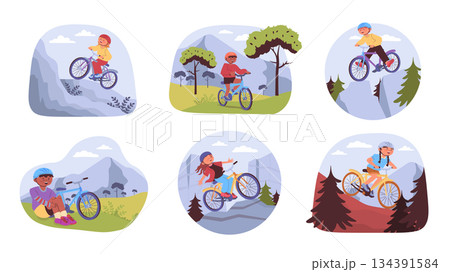 Mountain biking concept set for web design. Collection with cartoon people in helmets cycling at hard trail in outdoors, bicyclists moving and extremely challenging at downhill. Vector illustration. 134391584