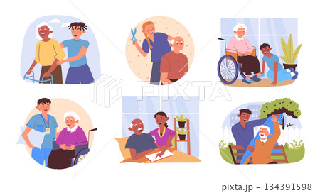 Elderly care activities concept set for web design. Collection with cartoon people nursing grandparents, walking, cutting hair, cutting shoes or clothing, learning, giving pillow. Vector illustration. Elderly care activities concept set for web design. Collection with cartoon people nursing grandparents, walking, cutting hair, cutting shoes or clothing, learning, giving pillow. Vector illustration. 134391598