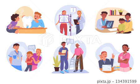 Doctor consultation concept set for web design. Collection with cartoon people visiting clinic specialists. Patients at dentist, pediatrician, x-ray exam, rehabilitation service. Vector illustration. Doctor consultation concept set for web design. Collection with cartoon people visiting clinic specialists. Patients at dentist, pediatrician, x-ray exam, rehabilitation service. Vector illustration. 134391599