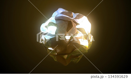 Morphing of a golden yellow metal sphere, a ball of molten fluid iridescent shiny beautiful glowing on a dark blue background. Abstract background 134391629