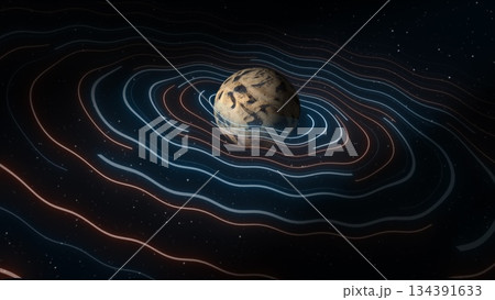 Abstract space planet with a round asteroid belt ring futuristic hi-tech on the background of stars in open space Abstract space planet with a round asteroid belt ring futuristic hi-tech on the background of stars in open space 134391633