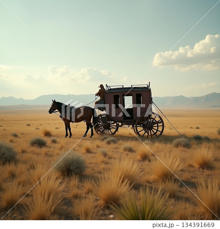 AI generated Sunset desert journey, Coach travels past dunes with sparse shrubbery at dusk 134391669