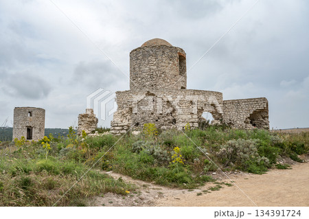 Aerial view marina cape Bonifacio south Corsica France citadel on rocky promontory on wild white limestone cliffs 134391724