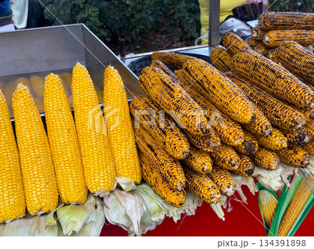 Grilled and boiled corn cobs displayed at a street food stall for sale. Local cuisine, outdoor snacking, and traditional street food culture centered around simple seasonal ingredients. 134391898