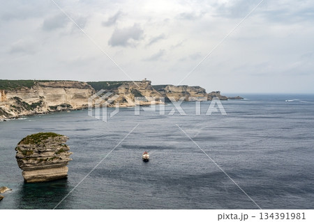 Aerial view marina cape Bonifacio south Corsica France citadel on rocky promontory on wild white limestone cliffs 134391981