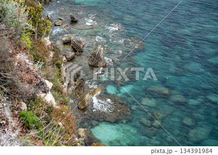 Aerial view marina cape Bonifacio south Corsica France citadel on rocky promontory on wild white limestone cliffs Aerial view marina cape Bonifacio south Corsica France citadel on rocky promontory on wild white limestone cliffs 134391984