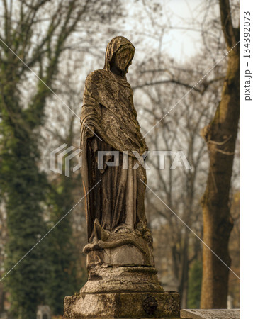 Weathered Hooded Statue in a Quiet Cemetery Garden at Dusk, Solitude and Reverence 134392073