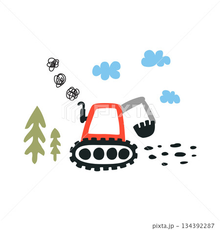Childish excavator doodle clipart with clouds and fir trees 134392287