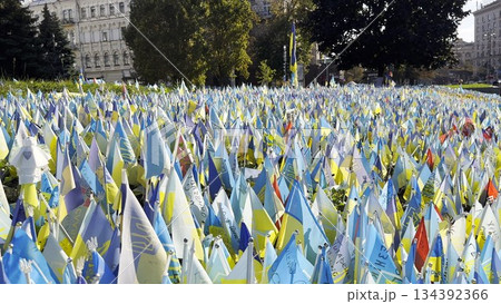 Many small blue-yellow flags with names of the dead war against russia. Memorial of the fallen soldiers, children, women in the capital of Ukraine. Concept of tragedy and misfortune. Close up 134392366