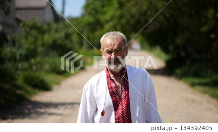 Elderly man wearing an embroidered shirt walking through rural road at sunny summer say. Senior male in traditional vyshyvanka going along country trail. Concept of national identity and patriotism 134392405