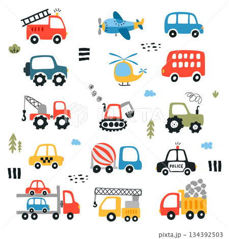 Set of different cute transport in flat style. Cartoon simple cars in scandinavian style. Cargo cars vector collection isolated on white background. Set of different cute transport in flat style. Cartoon simple cars in scandinavian style. Cargo cars vector collection isolated on white background. 134392503