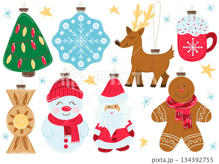 Christmas tree decorations, Christmas ornaments. Set of illustrations 134392755