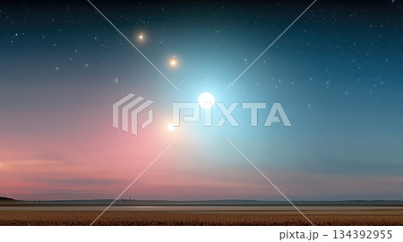Planetary Alignment Over a Vast, Flat Field During Twilight Hours Above a Serene Landscape 134392955