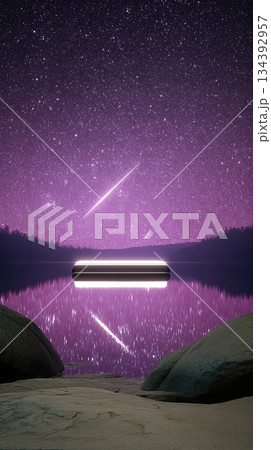 Shooting Star Gracefully Falls Into the Horizon With a Stunning Reflection on a Tranquil Lake 134392957