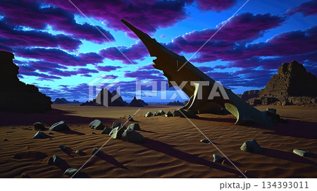 Giant Ancient Bones Rise From the Desert Sand at Sunset, Showcasing a Mythical Landscape 134393011