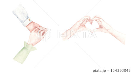 Watercolor illustration of couple holding hands with engagement ring and woman hands showing heart set. Ideal for wedding card, proposal design, romantic invitation, anniversary and love story concept 134393045