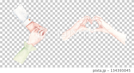 Watercolor illustration of couple holding hands with engagement ring and woman hands showing heart set. Ideal for wedding card, proposal design, romantic invitation, anniversary and love story concept 134393045