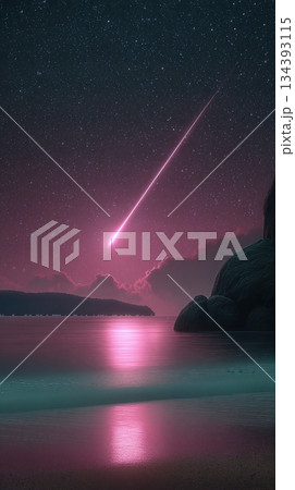 Shooting Star Illuminates the Horizon With a Beautiful Reflection Over Calm Waters at Night 134393115