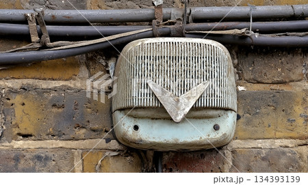 A Vintage Air Raid Alarm is Fixed to a Brick Wall 134393139