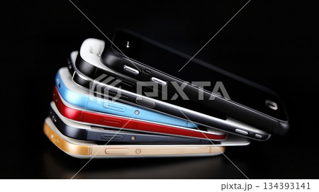 Various Alternative Mobile Phones Stacked Together in Colorful Cases on a Dark Background 134393141