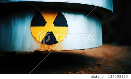 Vivid Colors Highlight a Radioactive Warning Symbol on a Metal Surface in an Industrial Setting 134393189