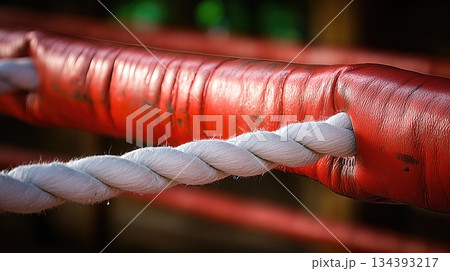Boxing Ring Corner Featuring Red Ropes Against a Neutral Background During a Training Session Boxing Ring Corner Featuring Red Ropes Against a Neutral Background During a Training Session 134393217