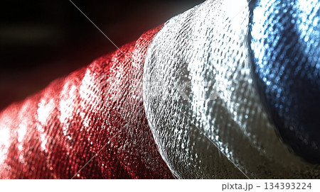 Close up View of Textured Punching Bag Surface Showing Vibrant Red, White, and Blue Colors 134393224