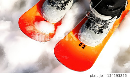 Close up of Snowboard Edge Cutting Into Crisp Fresh Snow on a Sunny Winter Day in the Mountains 134393226